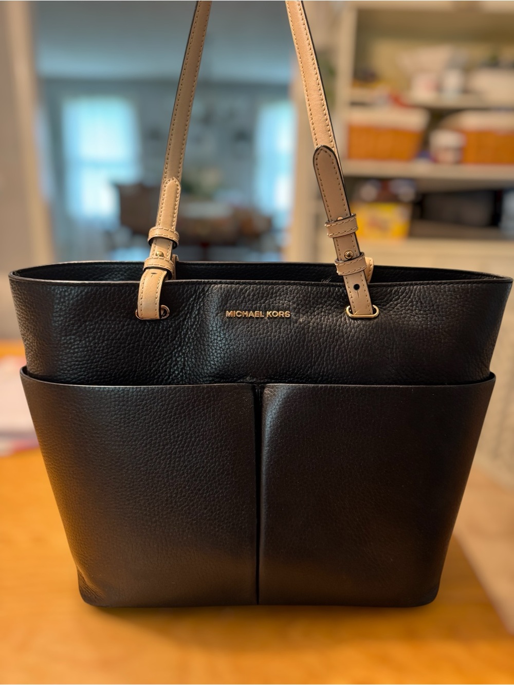 Michael Kors Black Leather Tote with Beige Straps